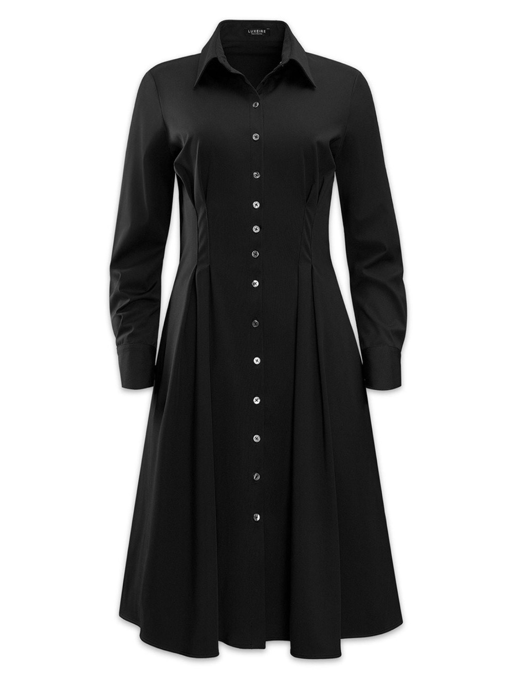 LUXEIRE Long Sleeve Fit-and-Flare Shirt $328 Black Longsleeve Stretch Dress Lrg